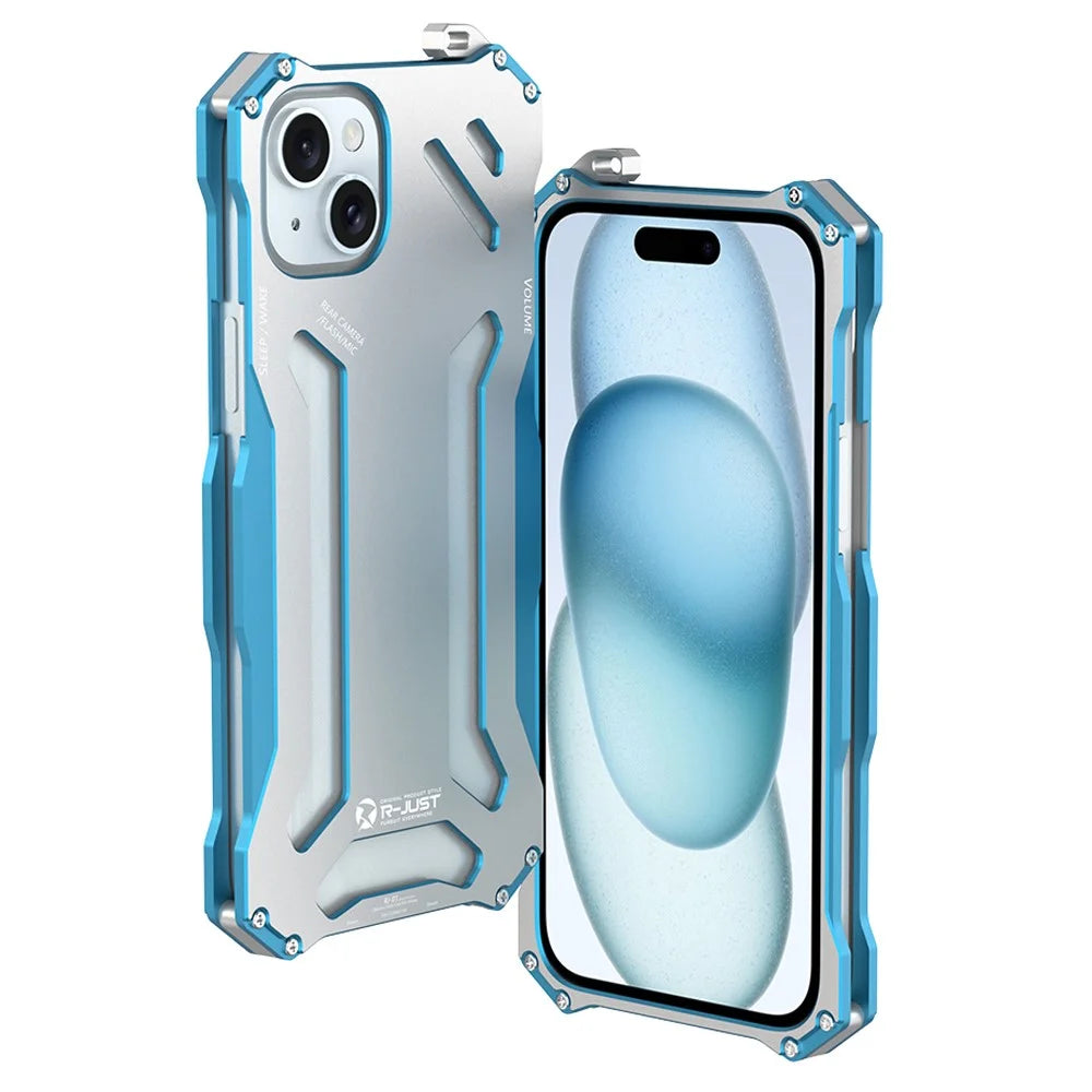 R-JUST Mechanical Armor For iPhone 15 Plus Case Aluminum Alloy Hollow Anti-scratch Phone Cover - Silver+Blue - 1