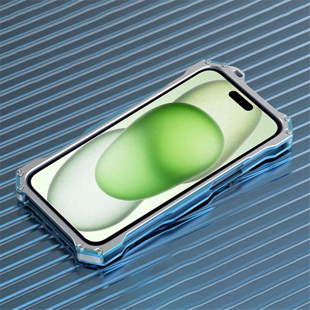 R-JUST Mechanical Armor For iPhone 15 Plus Case Aluminum Alloy Hollow Anti-scratch Phone Cover - Silver+Blue - 2