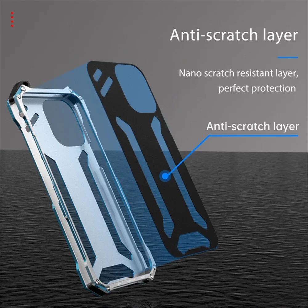 R-JUST Mechanical Armor For iPhone 15 Plus Case Aluminum Alloy Hollow Anti-scratch Phone Cover - Silver+Blue - 4