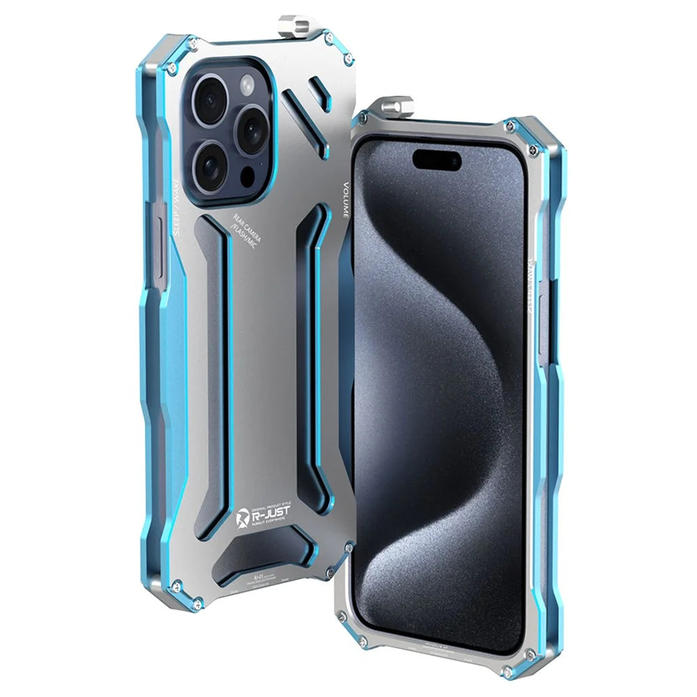 R-JUST Mechanical Armor For iPhone 15 Pro Max Metal Case Hollow Design Phone Protective Cover - Silver / Blue - 1