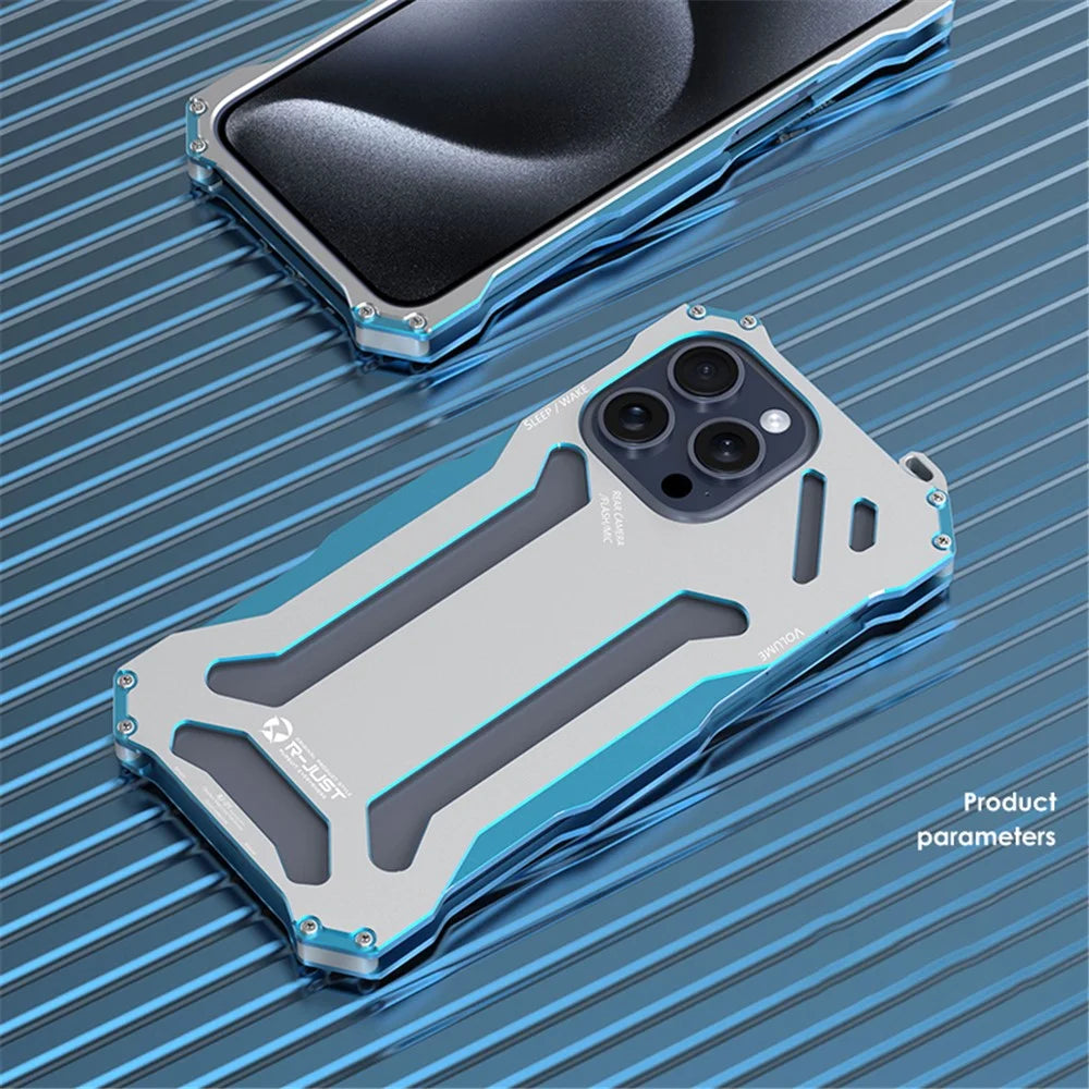 R-JUST Mechanical Armor For iPhone 15 Pro Max Metal Case Hollow Design Phone Protective Cover - Silver / Blue - 2