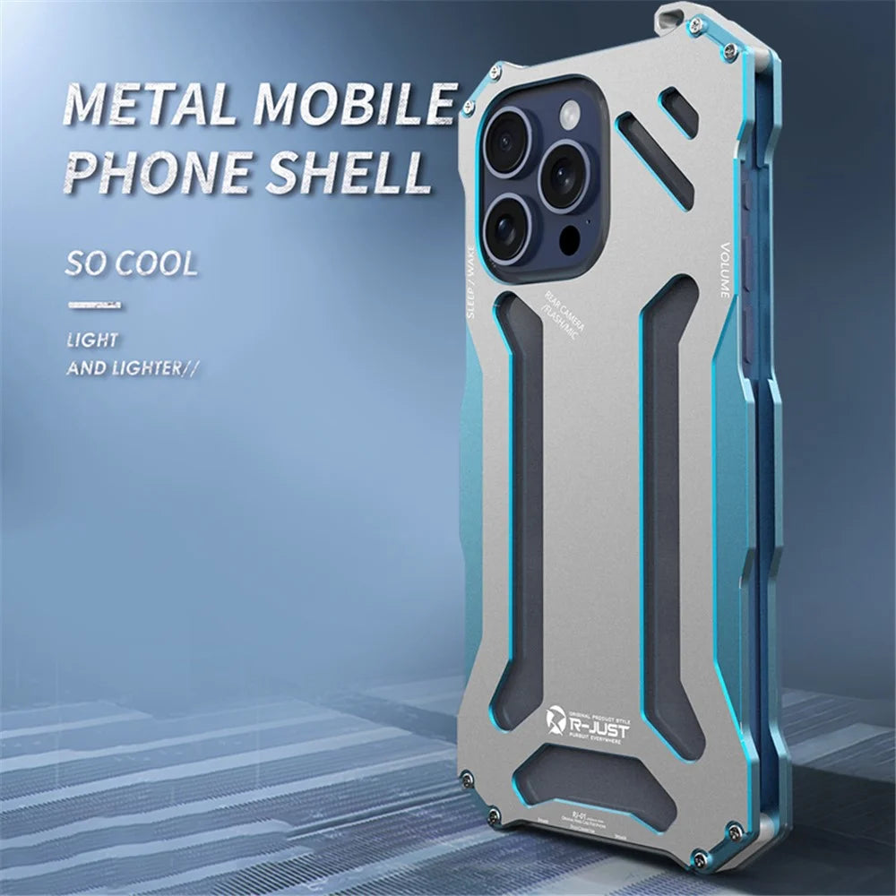 R-JUST Mechanical Armor For iPhone 15 Pro Max Metal Case Hollow Design Phone Protective Cover - Silver / Blue - 3