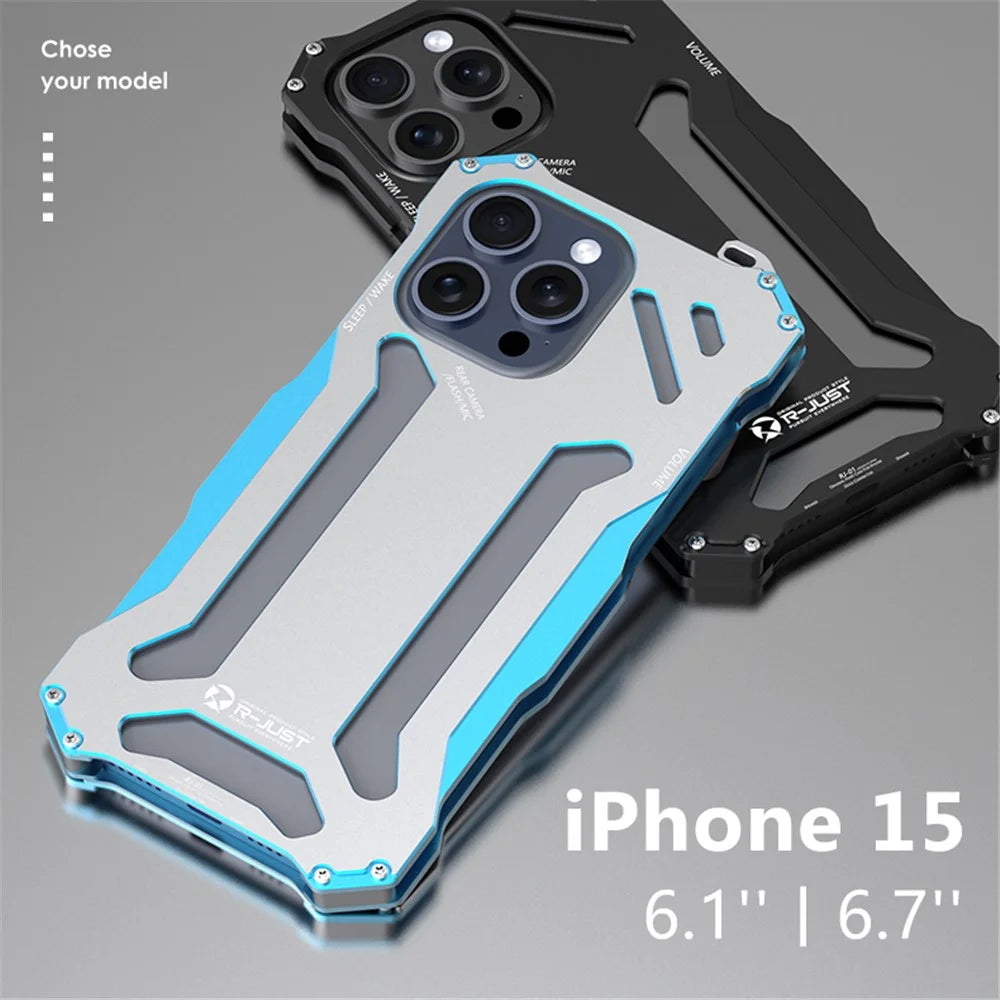 R-JUST Mechanical Armor For iPhone 15 Pro Max Metal Case Hollow Design Phone Protective Cover - Silver / Blue - 4