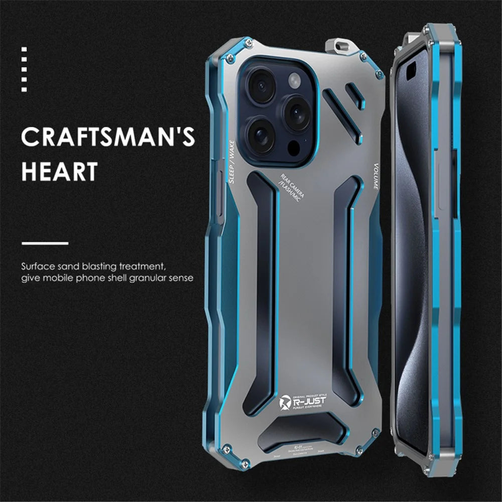R-JUST Mechanical Armor For iPhone 15 Pro Max Metal Case Hollow Design Phone Protective Cover - Silver / Blue - 7