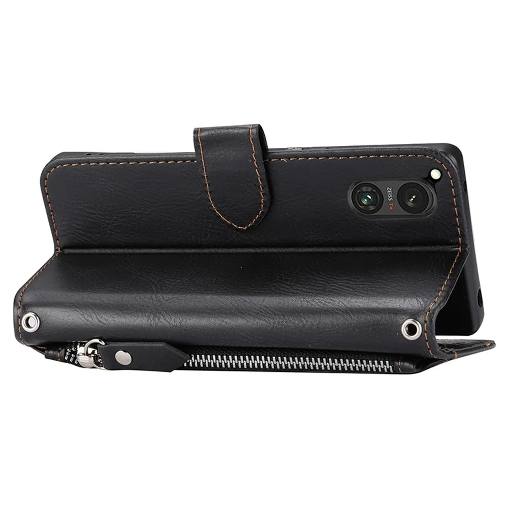 For Sony Xperia 5 V Leather Case Zipper Pocket Phone Wallet Cover with Long and Short Strap - Black - 4