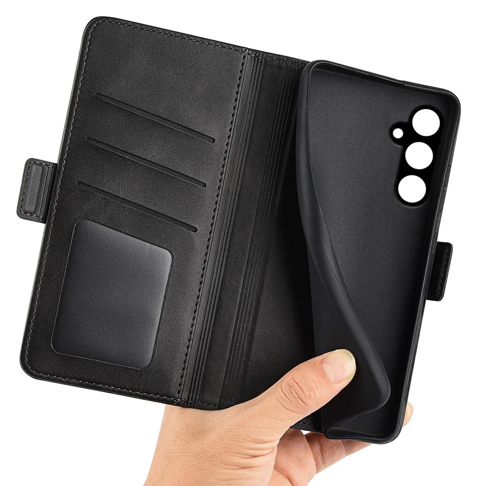 Calf Texture Phone Cover for Samsung Galaxy A15 5G Case PU Leather Wallet Stand Flip Shell - Black - 5
