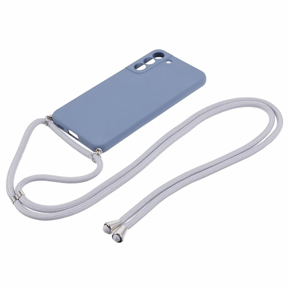 For Samsung Galaxy S21 4G / 5G Case Rubberized Fiber Lining Cover with Long Lanyard - Lavender Grey - 2