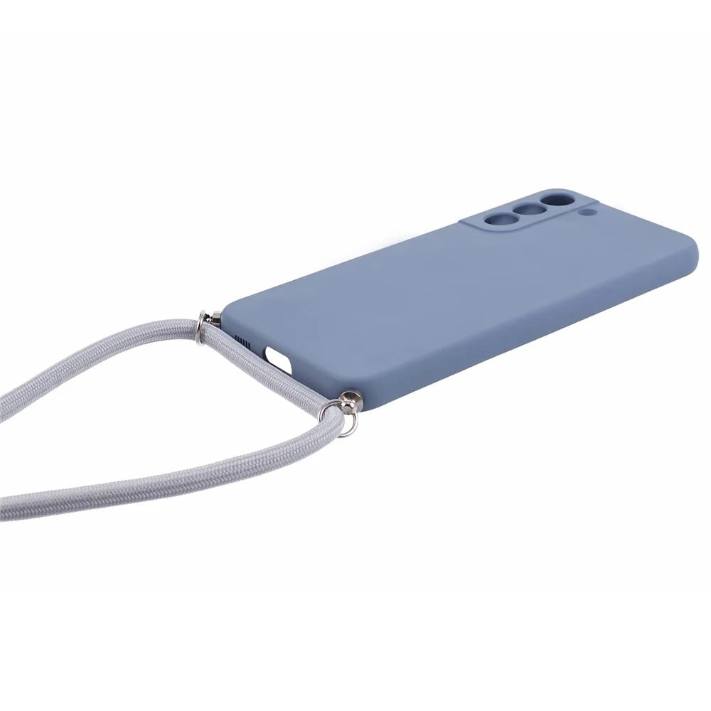 For Samsung Galaxy S21 4G / 5G Case Rubberized Fiber Lining Cover with Long Lanyard - Lavender Grey - 3