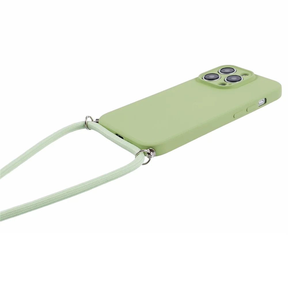 For iPhone 15 Pro Case Candy Color Rubberized Phone Cover with Long Lanyard - Matcha Green - 3