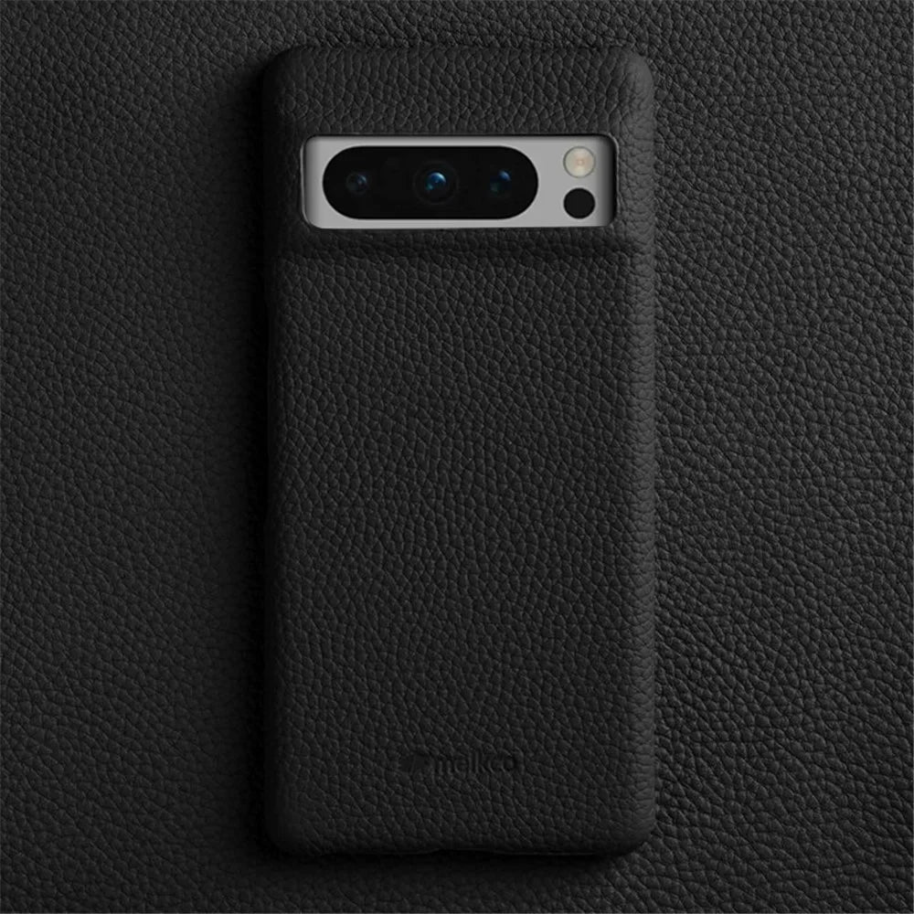 MELKCO For Google Pixel 8 Pro Case Genuine Cow Leather Coated PC Phone Protective Cover - Black - 2