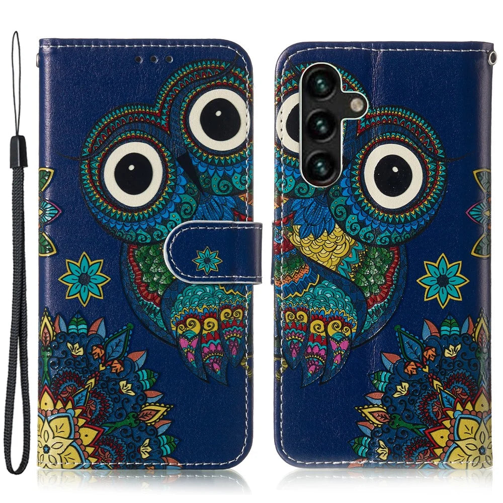 For Samsung Galaxy A15 5G Cover Stand Wallet Pattern Printing Leather Wallet Phone Case - Blue Owl - 1