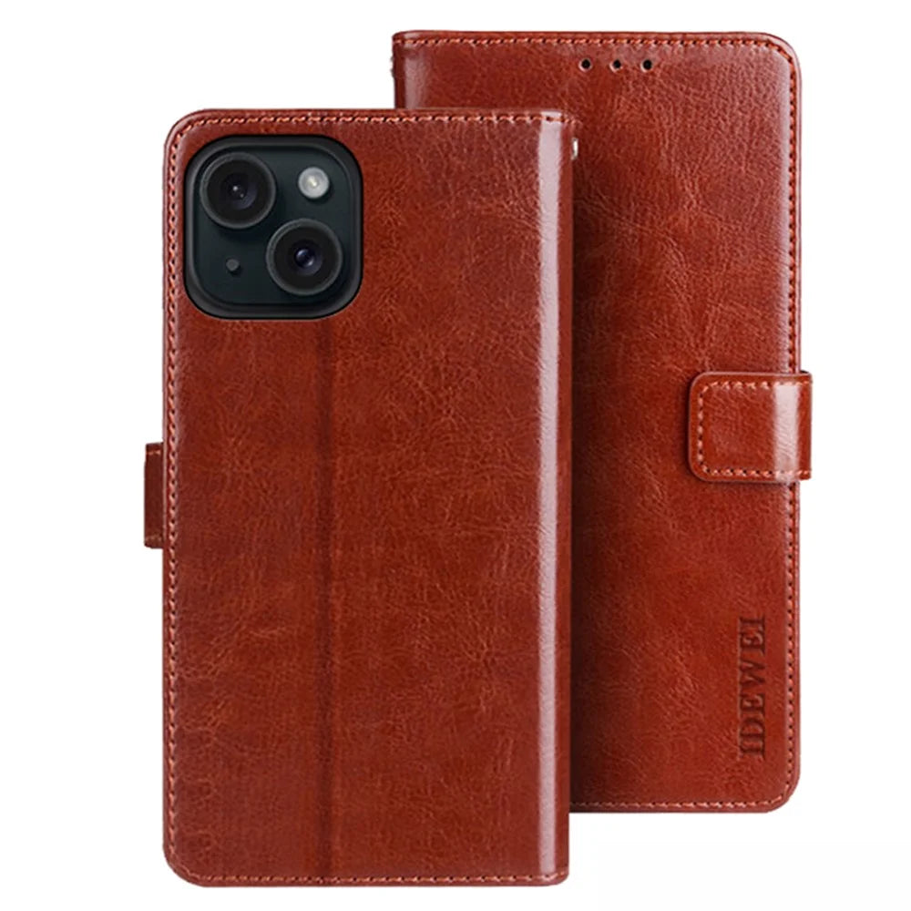 IDEWEI For iPhone 15 Plus Case Magnetic Clasp Wallet Phone Cover - Brown - 1