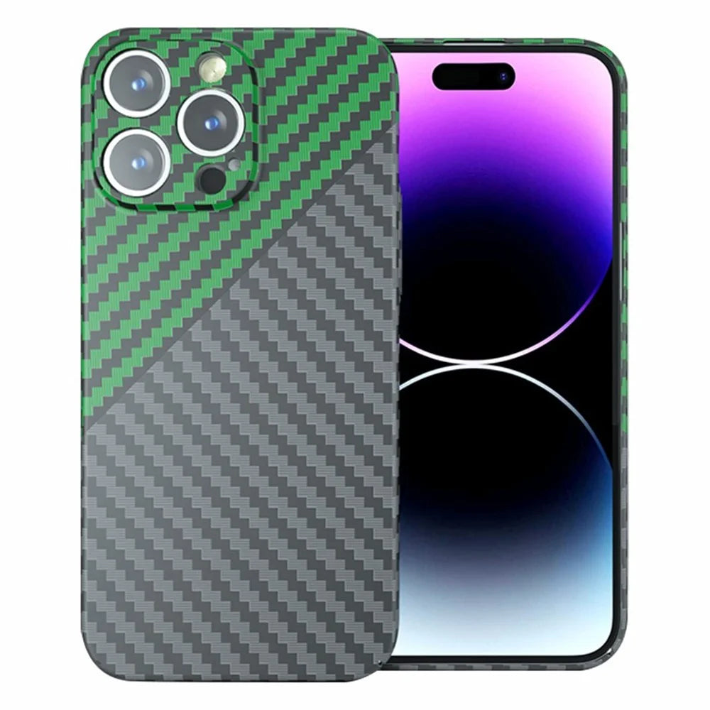 For iPhone 14 Pro Max Case Carbon Fiber Texture Hard PC Anti-drop Phone Cover - Black+Green - 1