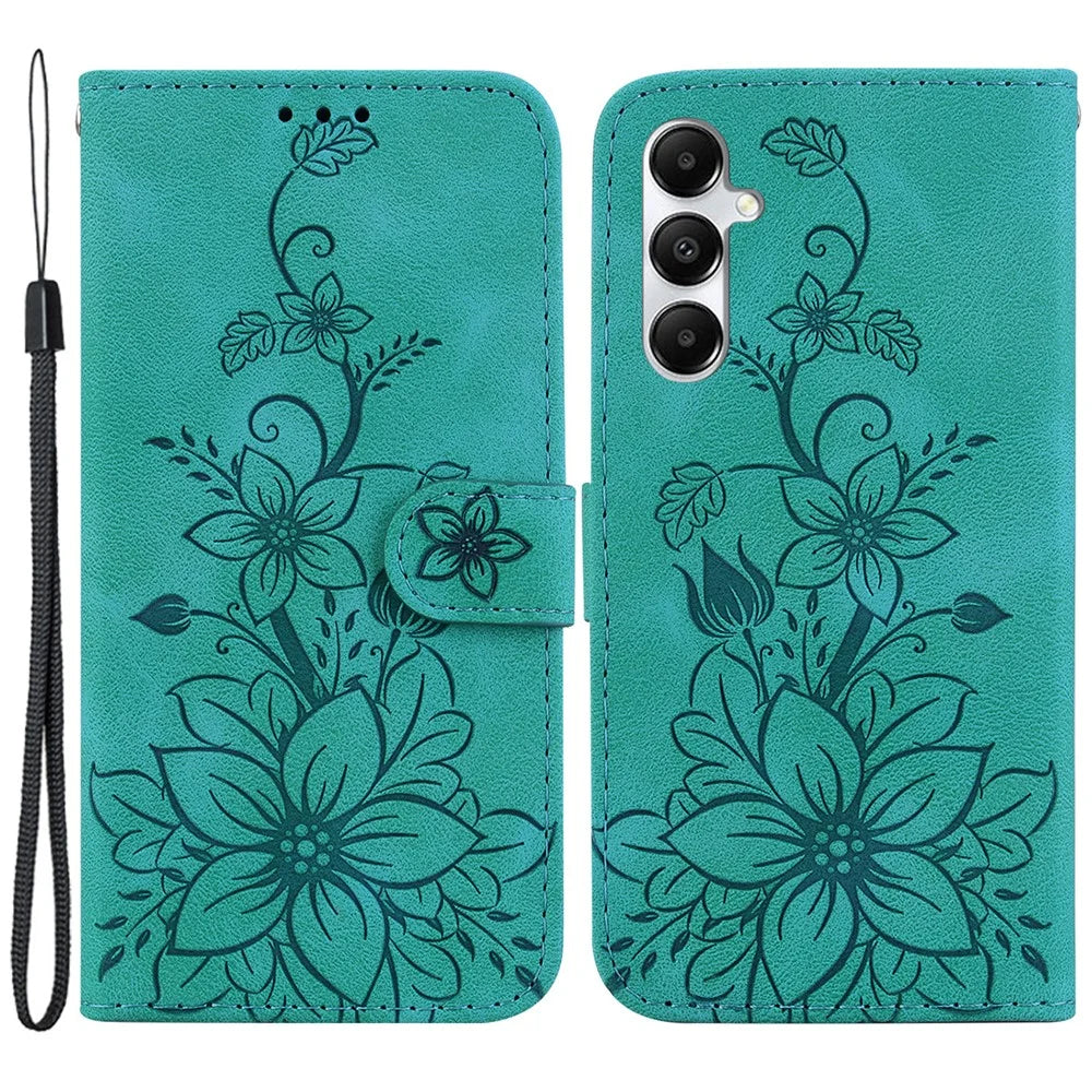 For Samsung Galaxy A05s 4G Case Flower Imprint Leather Wallet Mobile Phone Cover - Green - 1