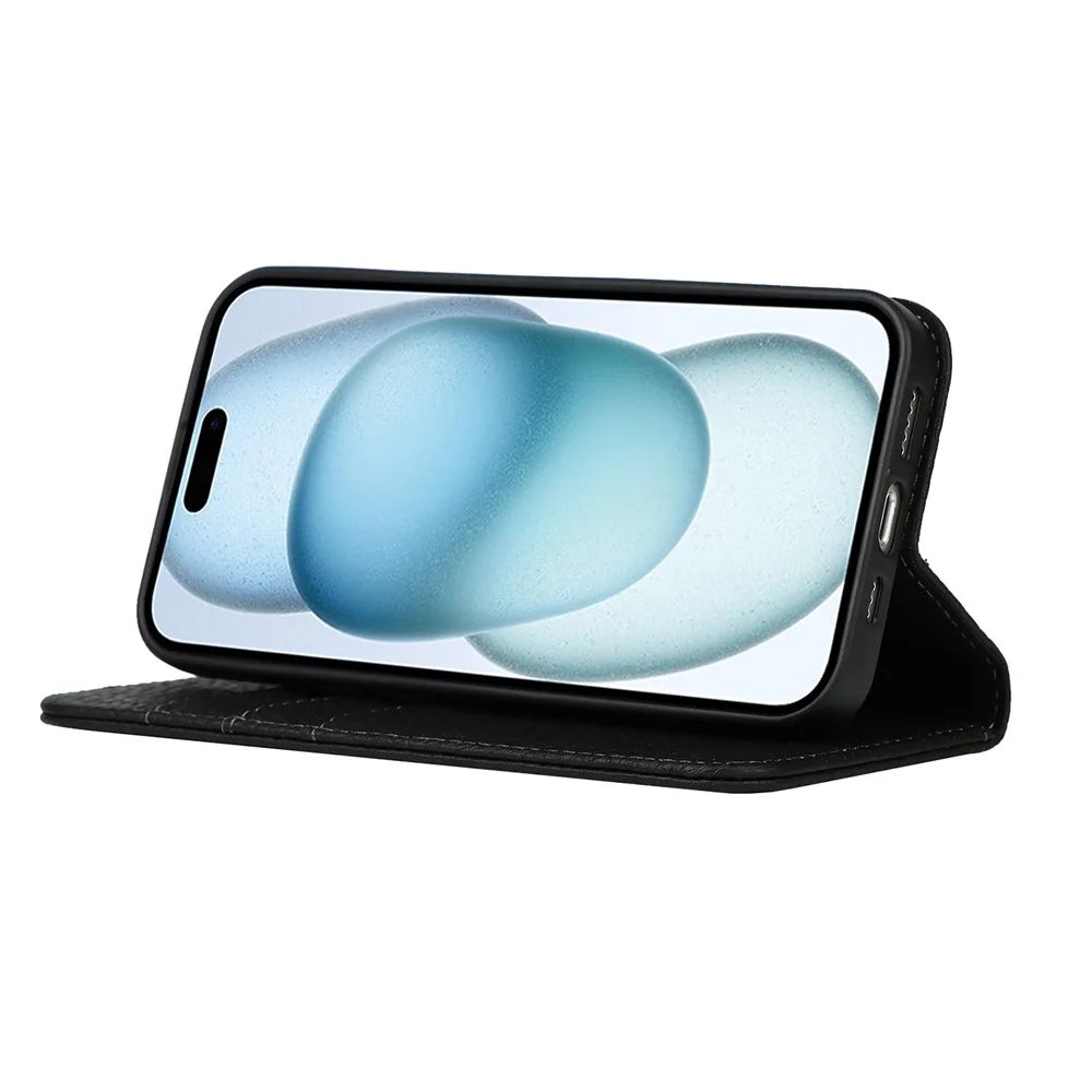 For iPhone 15 Plus Case Litchi Texture Genuine Cow Leather Cell Phone Cover Stand Wallet - Black - 2