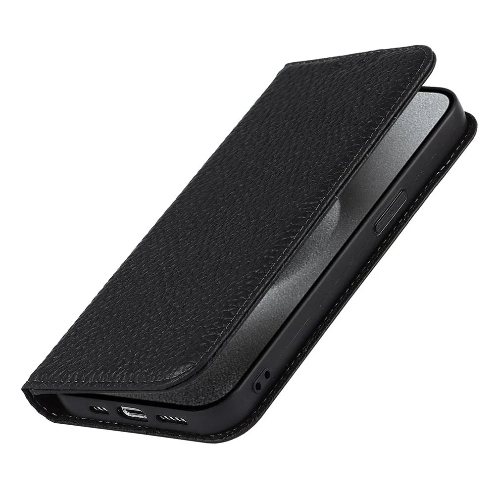 For iPhone 15 Pro Max Case Litchi Texture Genuine Cow Leather Phone Wallet Cover - Black - 6