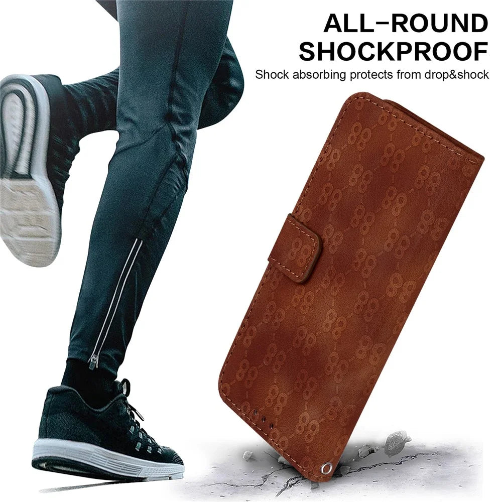 For Samsung Galaxy A15 4G Case Double 8-Shape Imprint Leather Stand Cell Phone Cover - Brown - 4