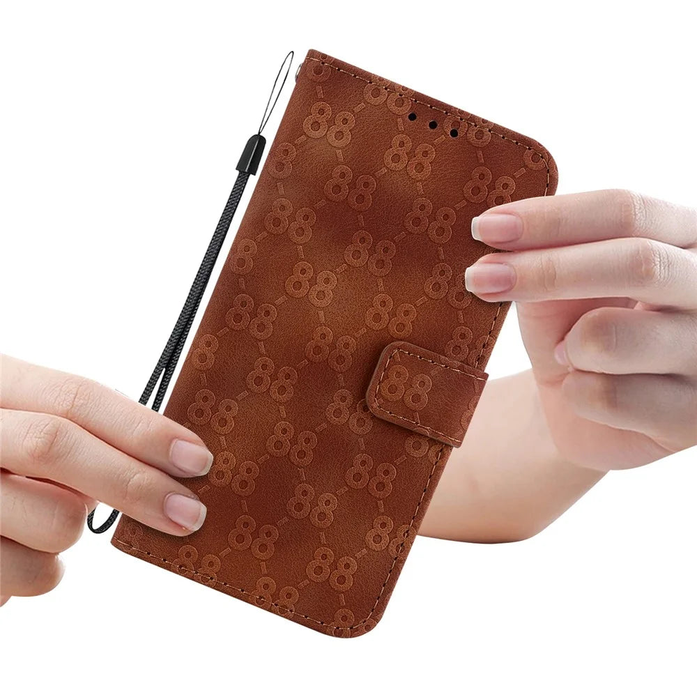 For Samsung Galaxy A15 4G Case Double 8-Shape Imprint Leather Stand Cell Phone Cover - Brown - 6