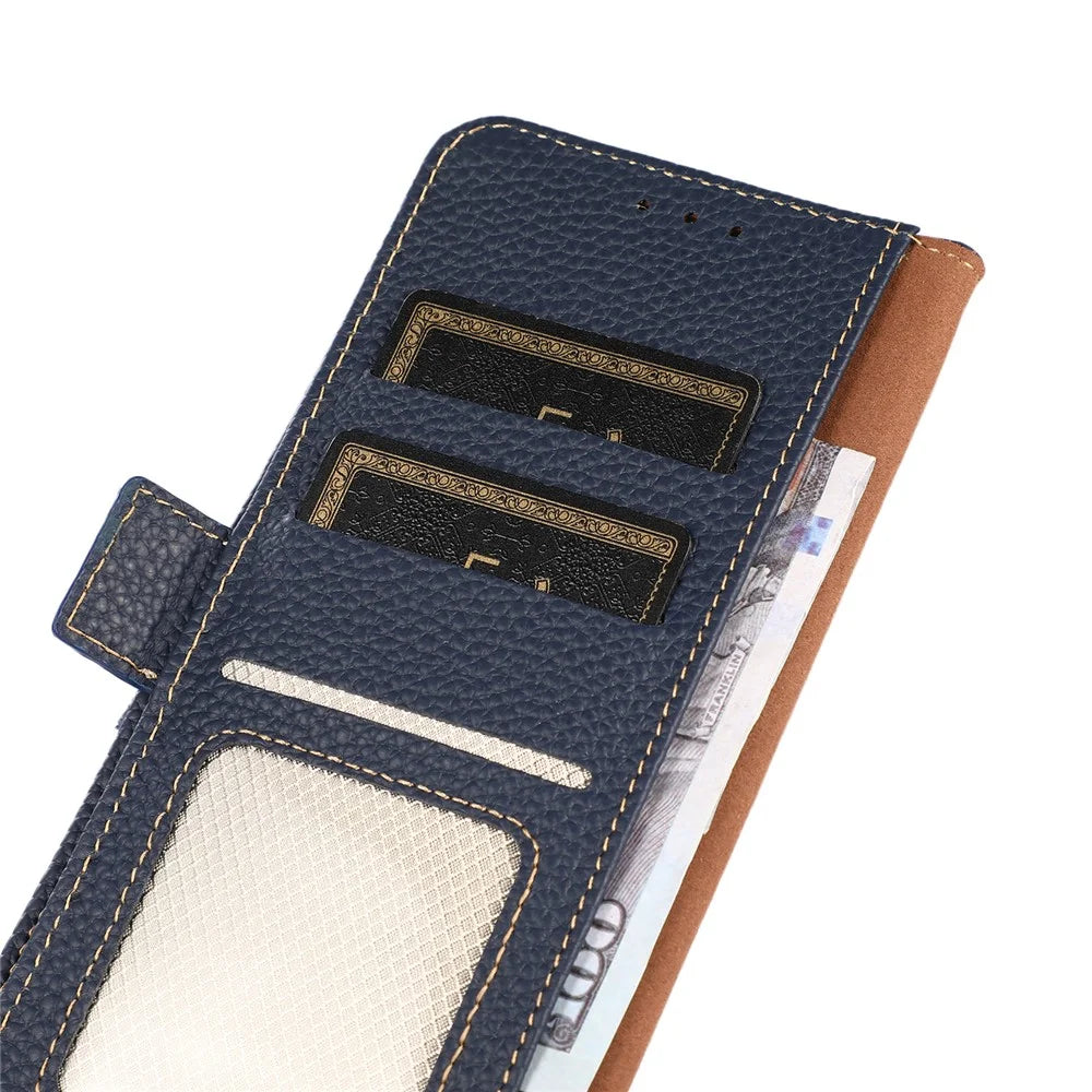 KHAZNEH For Samsung Galaxy S25 / S24 Case Genuine Cow Leather Wallet Phone Drop-Proof Cover - Blue - 5