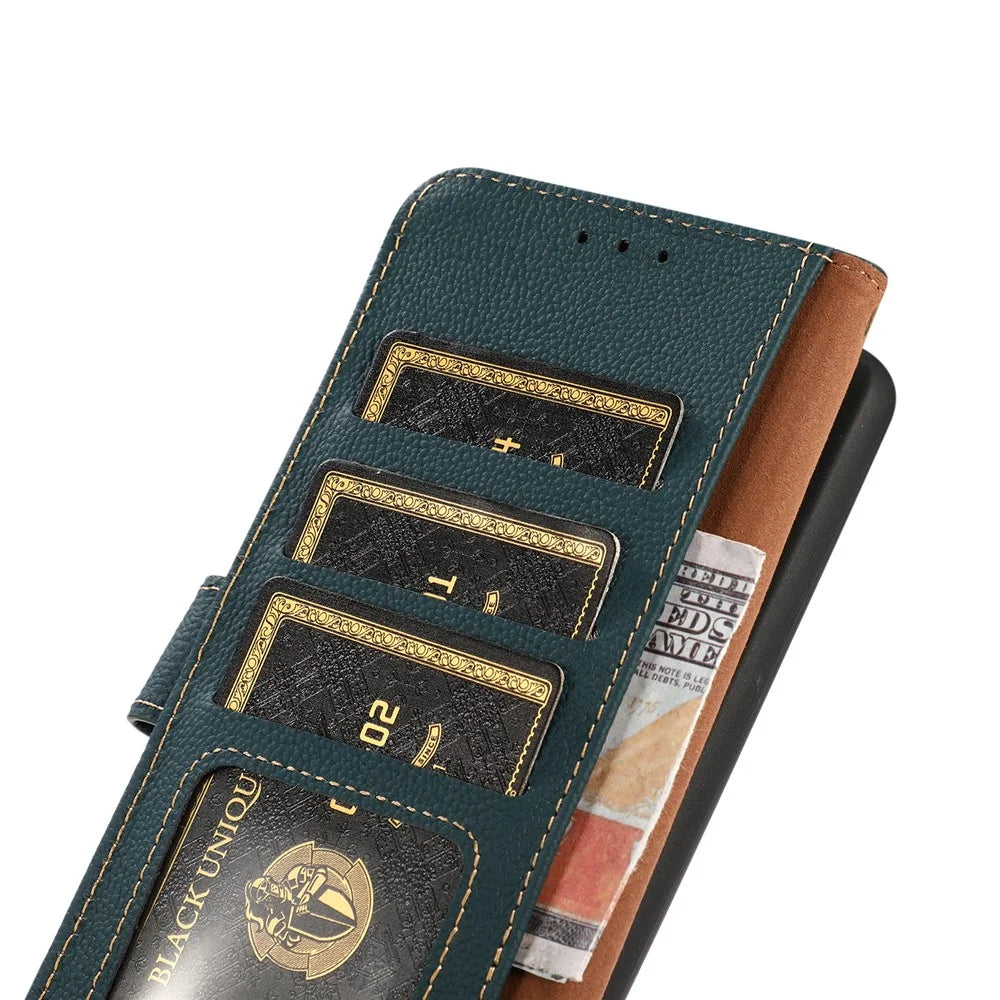 KHAZNEH For Samsung Galaxy S25+ / S24+ Case Genuine Cow Leather Cell Phone Wallet Cover - Green - 5