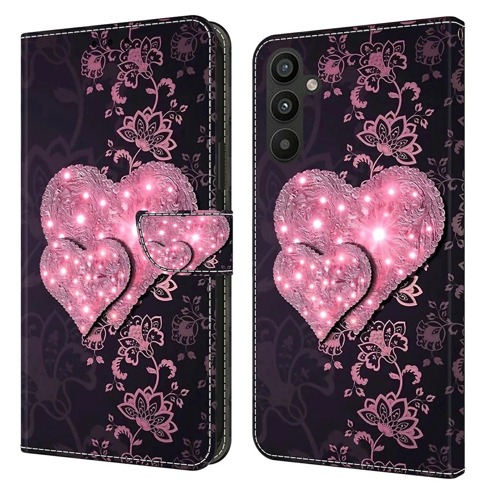 For Samsung Galaxy A15 4G Case 3D Pattern PU Leather Flip Protective Cover - Lace Hearts - 1