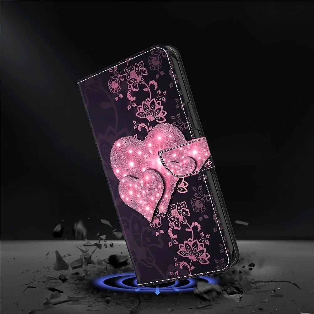 For Samsung Galaxy A15 4G Case 3D Pattern PU Leather Flip Protective Cover - Lace Hearts - 4