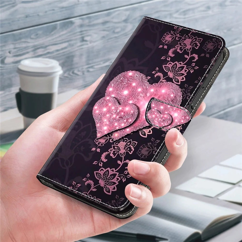 For Samsung Galaxy A15 4G Case 3D Pattern PU Leather Flip Protective Cover - Lace Hearts - 5