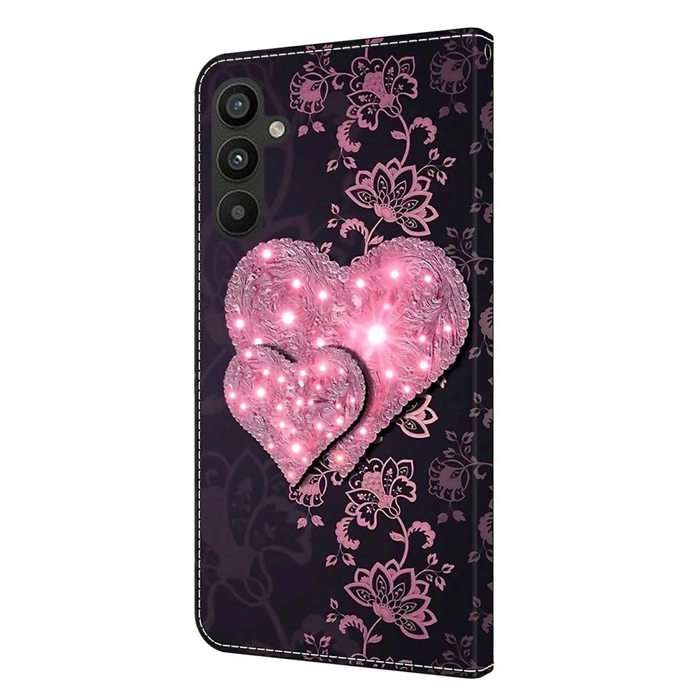 For Samsung Galaxy A15 4G Case 3D Pattern PU Leather Flip Protective Cover - Lace Hearts - 7