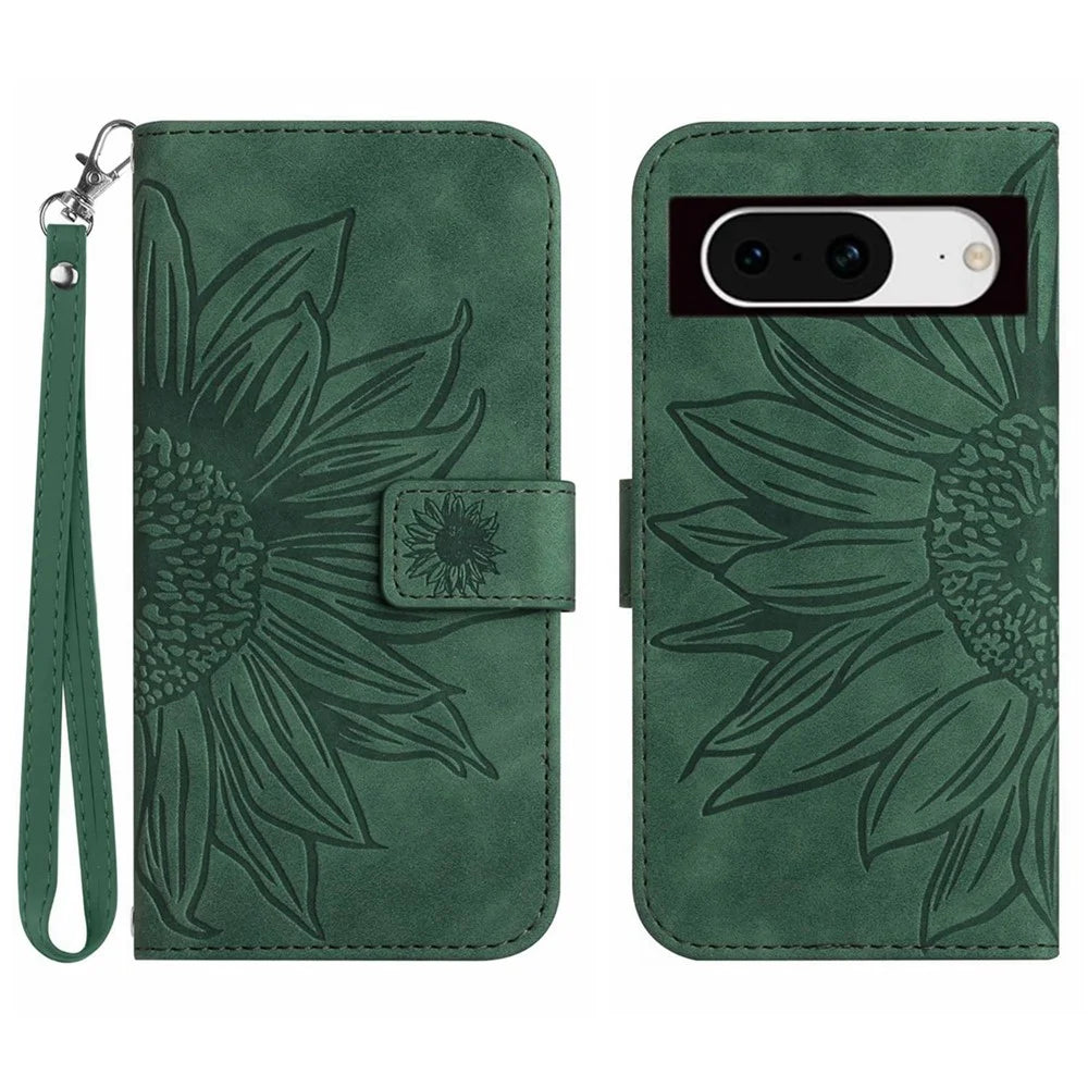 HT04 For Google Pixel 8a Cover PU Leather Stand Phone Wallet Case with Wrist Strap - Dark Green - 1