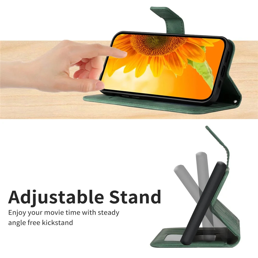 HT04 For Google Pixel 8a Cover PU Leather Stand Phone Wallet Case with Wrist Strap - Dark Green - 6