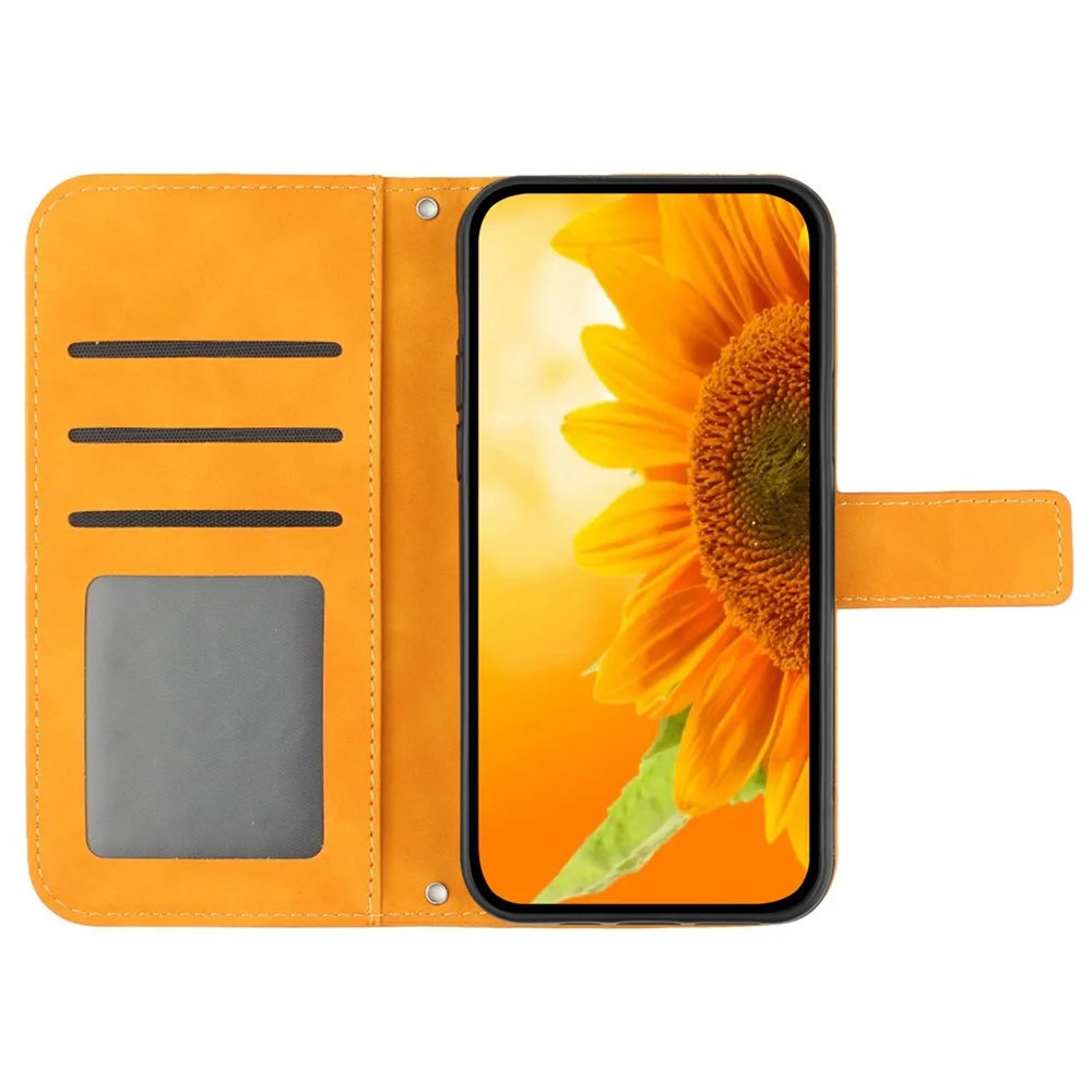 HT04 For Samsung Galaxy S24 Case Anti-fall Sunflower Imprint Leather Cover with Shoulder Strap - Yellow - 2