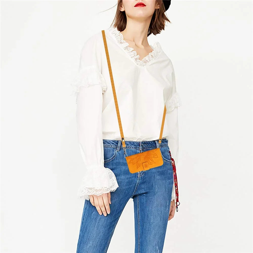 HT04 For Samsung Galaxy S24 Case Anti-fall Sunflower Imprint Leather Cover with Shoulder Strap - Yellow - 4