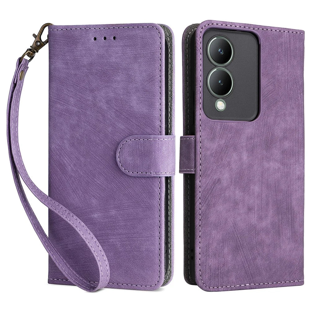 For vivo Y17s 4G / Y28 5G / Y33t (2023) V2317A Case Bump Proof RFID Blocking Phone Cover with Strap - Purple - 1