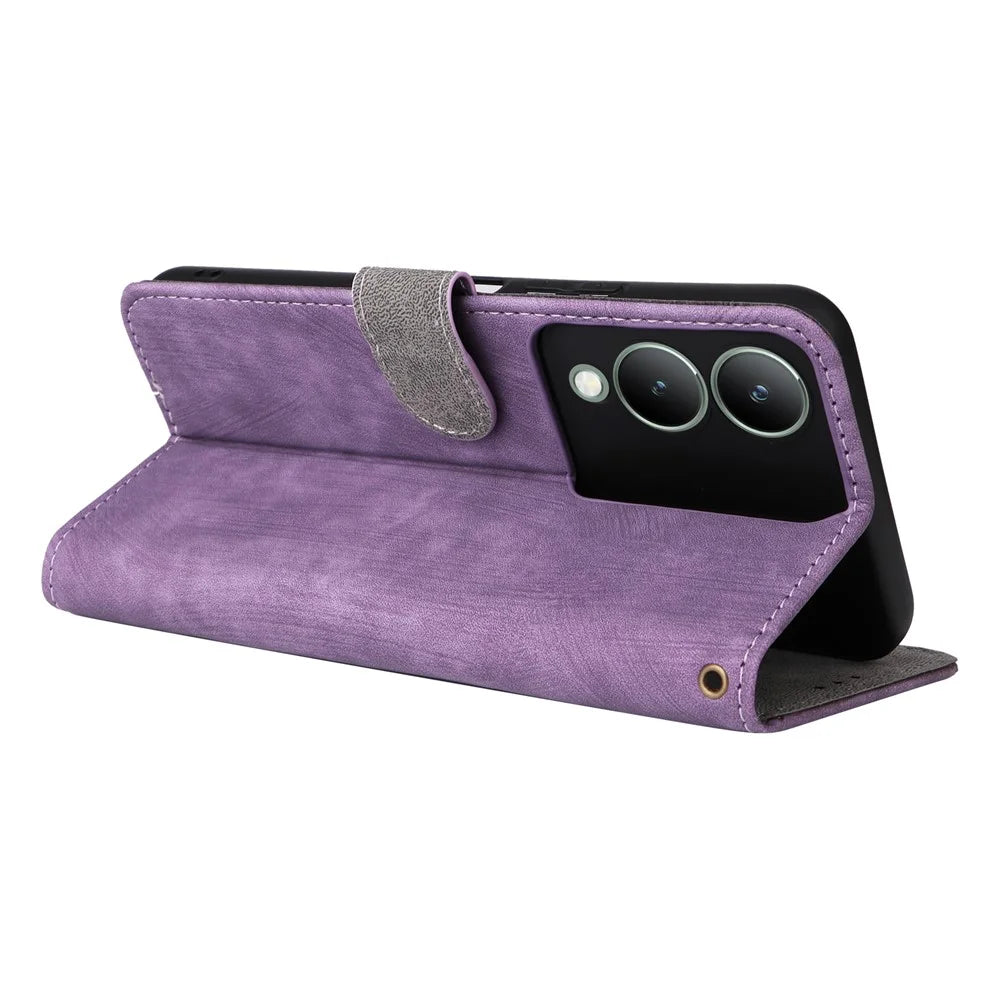 For vivo Y17s 4G / Y28 5G / Y33t (2023) V2317A Case Bump Proof RFID Blocking Phone Cover with Strap - Purple - 4
