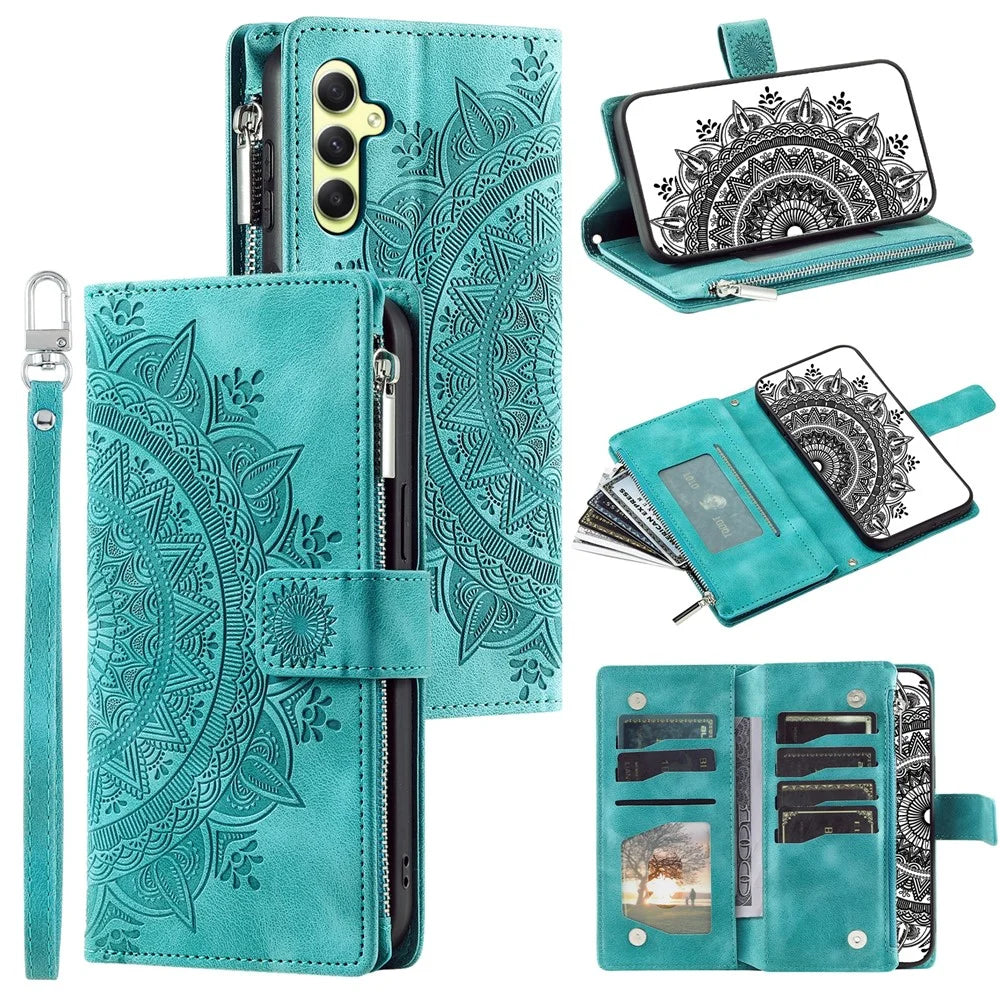 For Samsung Galaxy S24 Case TPU + PU Leather Phone Cover Wallet Imprinted Shell with Strap - Green - 1