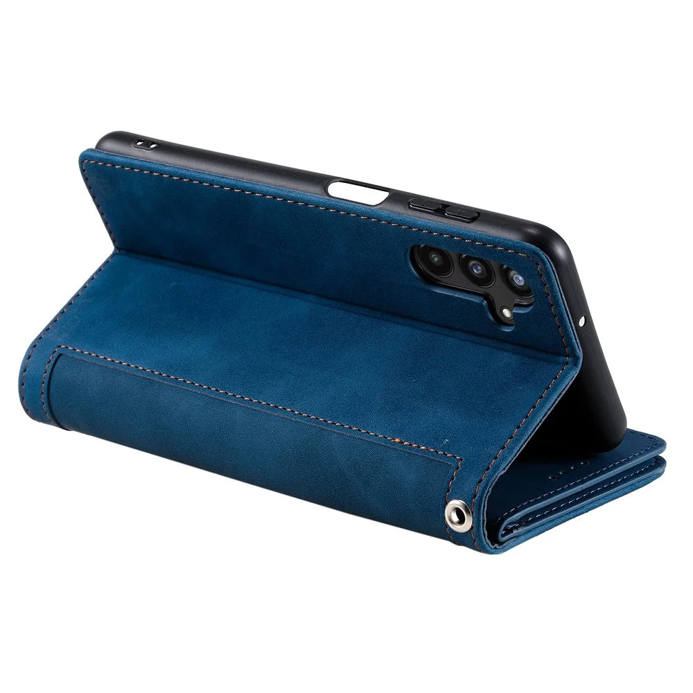 For Samsung Galaxy S24 Case Wallet Phone Stand Cover with 9 Card Slots - Blue - 4