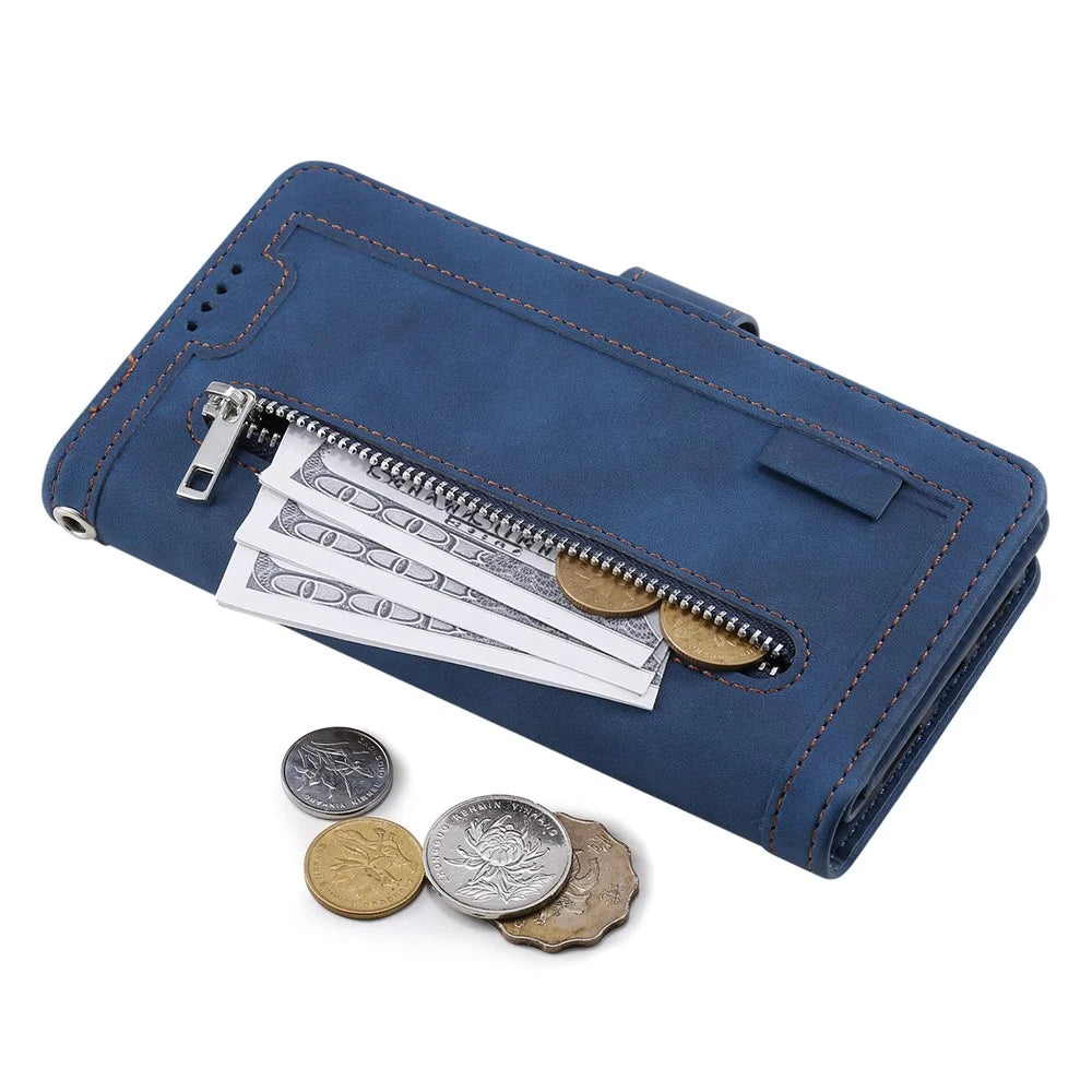 For Samsung Galaxy S24 Case Wallet Phone Stand Cover with 9 Card Slots - Blue - 6