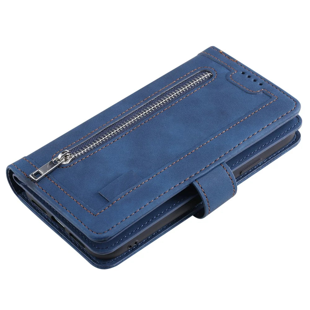 For Samsung Galaxy S24 Case Wallet Phone Stand Cover with 9 Card Slots - Blue - 7