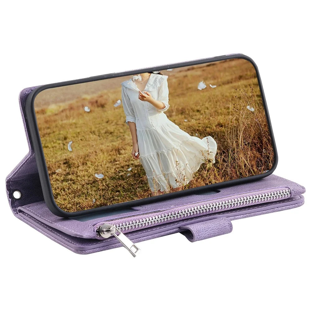 For Samsung Galaxy S24+ Leather Case Zipper Pocket Wallet Phone Cover with Strap - Purple - 4