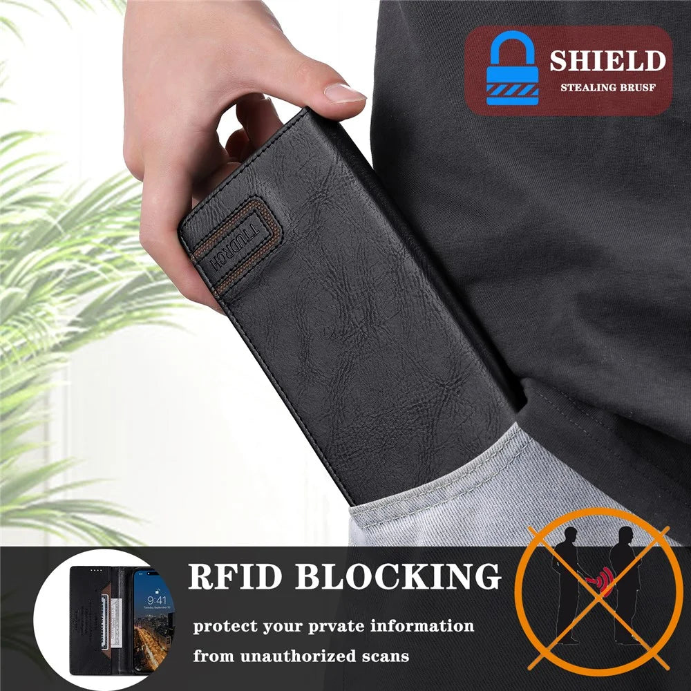 TTUDRCH Style 007 For Samsung Galaxy S24+ Case PU Leather RFID Blocking Phone Cover - Black - 7