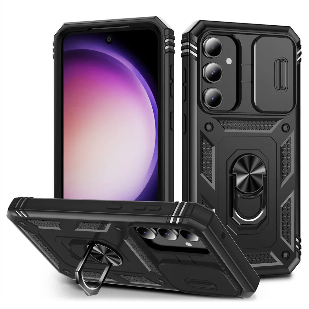 For Samsung Galaxy S23 FE Case Sliding Camera Cover PC+TPU Phone Shell - Black - 1