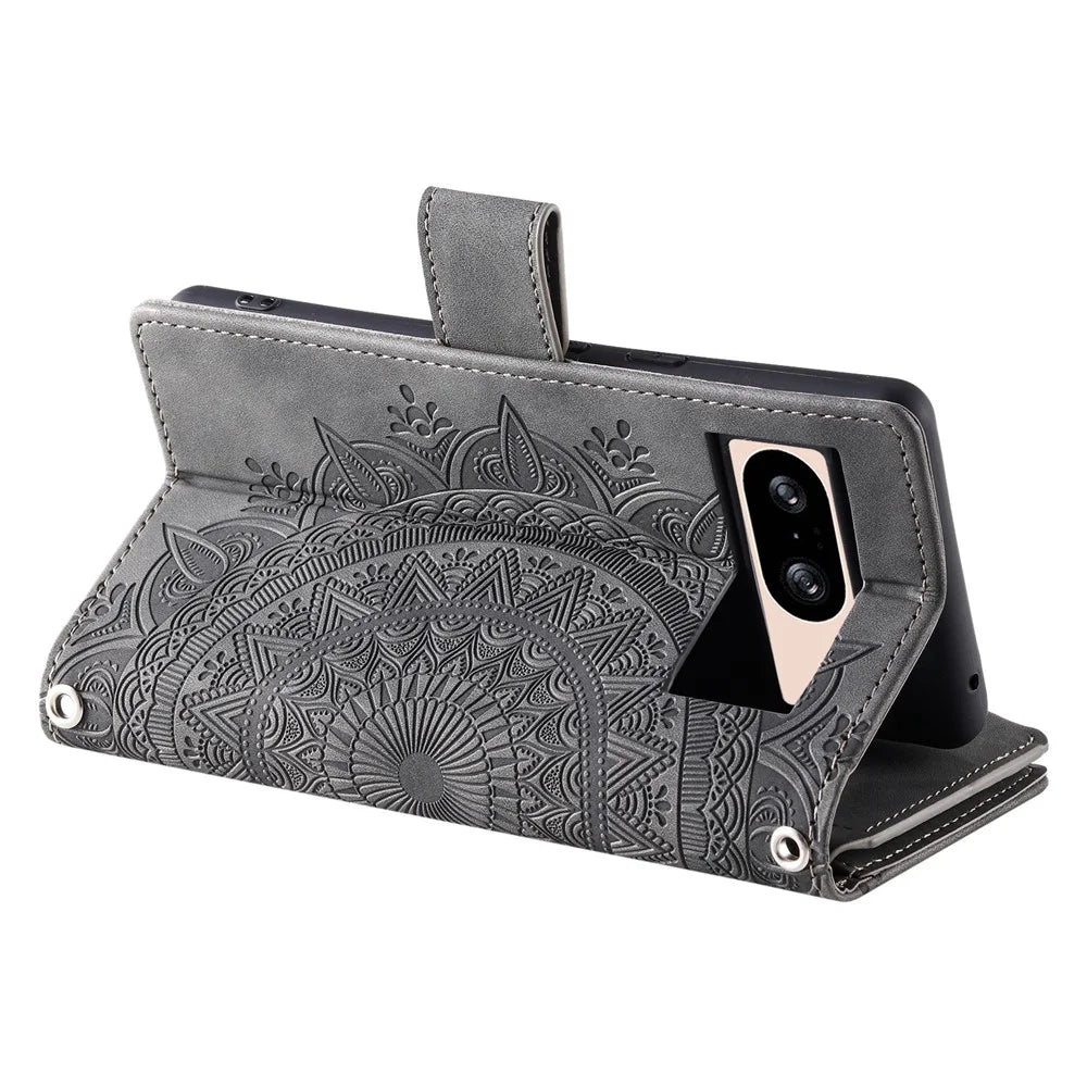 For Google Pixel 8 Case Magnetic PU Leather Wallet Phone Cover with Strap - Grey - 4