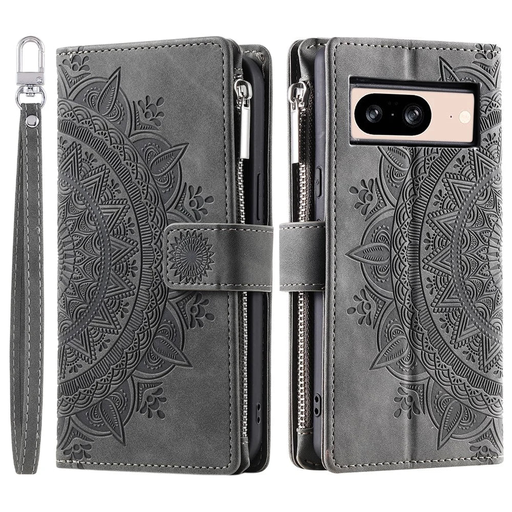 For Google Pixel 8 Case Magnetic PU Leather Wallet Phone Cover with Strap - Grey - 6