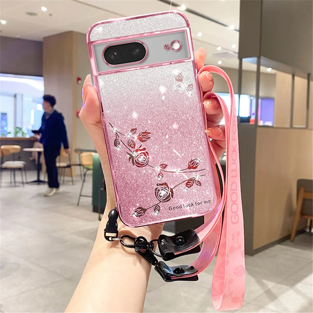 KADEM For Google Pixel 8 Case TPU Glitter Smartphone Back Cover with Strap - Rose Gold - 1
