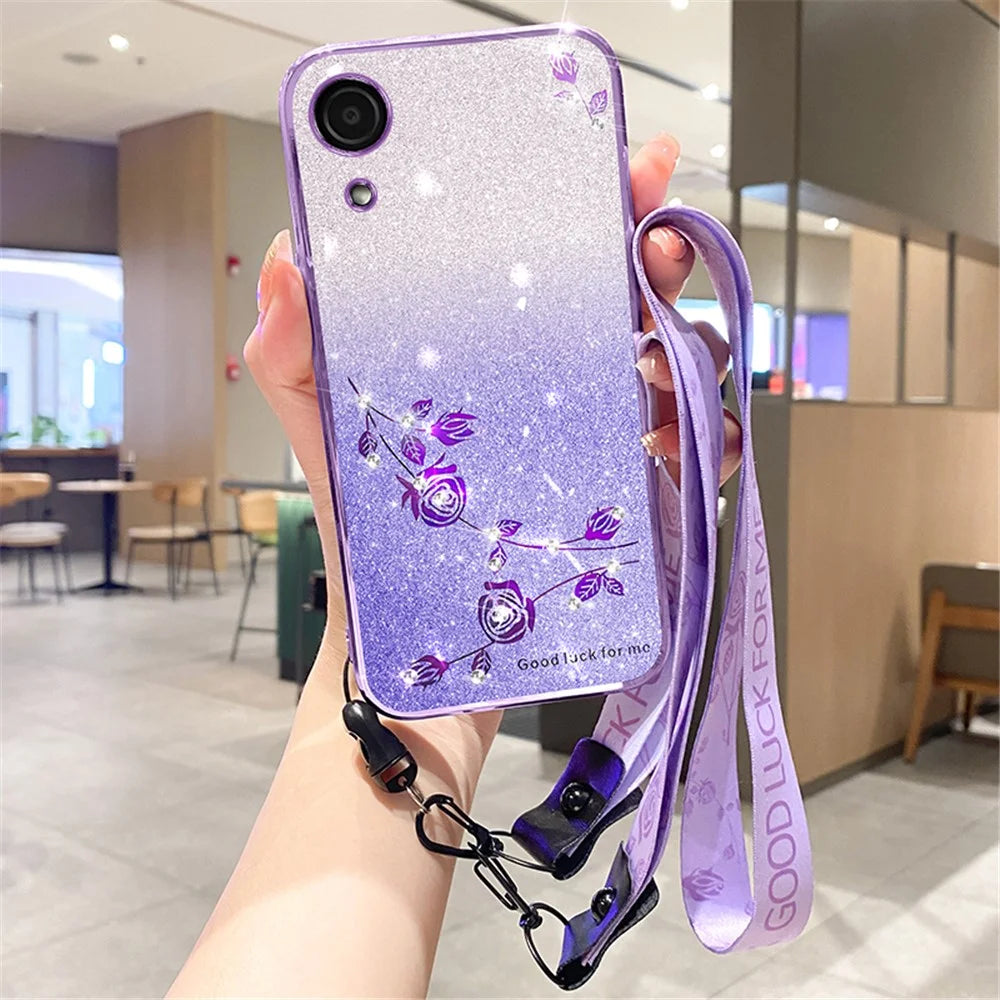 KADEM For Samsung Galaxy A03 Core Case Glitter Shiny Rhinestone Phone Cover with Strap - Purple - 1