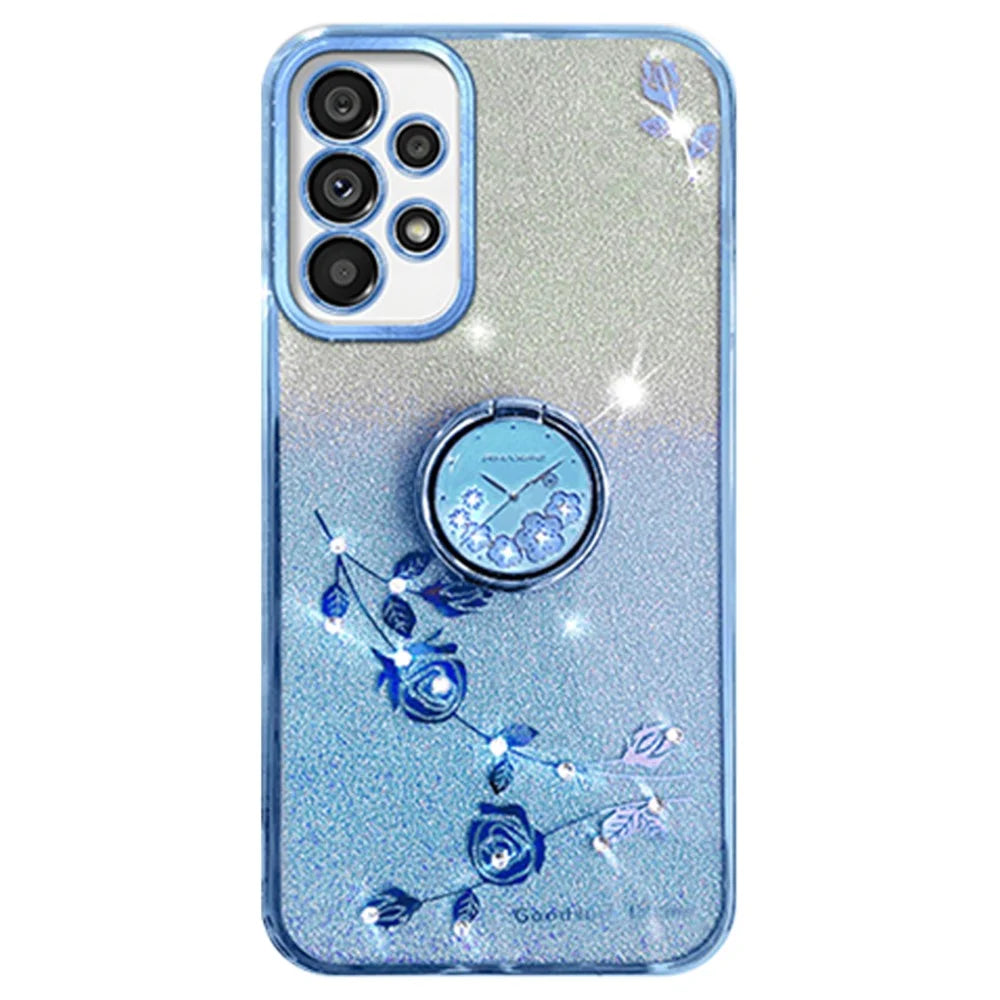 KADEM For Samsung Galaxy A53 5G Cover Flower Decor TPU Phone Case with Ring Kickstand - Blue - 1