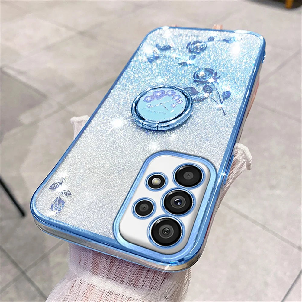 KADEM For Samsung Galaxy A53 5G Cover Flower Decor TPU Phone Case with Ring Kickstand - Blue - 2