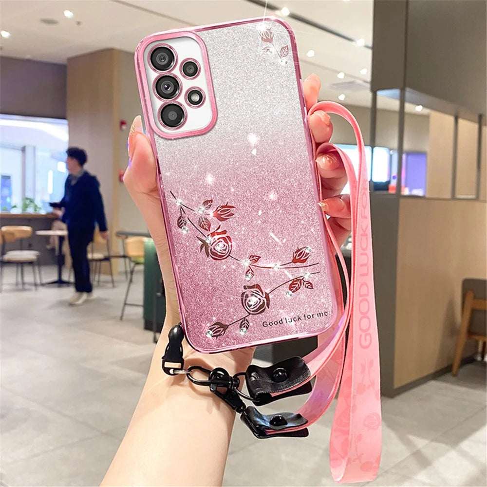KADEM For Samsung Galaxy A33 5G Case TPU Glitter Phone Anti-fall Cover with Strap - Rose Gold - 1