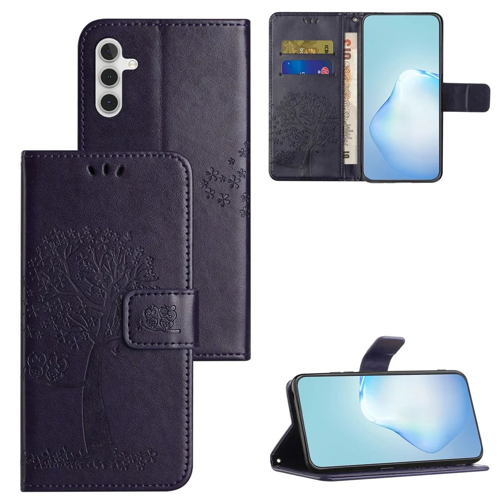 For Samsung Galaxy S25 / S24 Case Imprinted Leather Flip Stand Phone Cover with Wallet - Dark Purple - 6