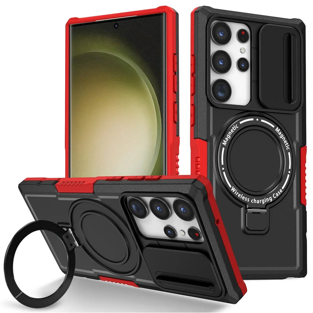 For Samsung Galaxy S23 Ultra Case Slide Lens Window Kickstand Phone Cover - Red / Black - 1